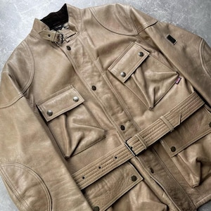 Belstaff Beige Leather Biker Jacket, Vintage Belted Moto Jacket, Heavyweight Waxed Leather Coat, Classic British Style, Retro Racing Jacket