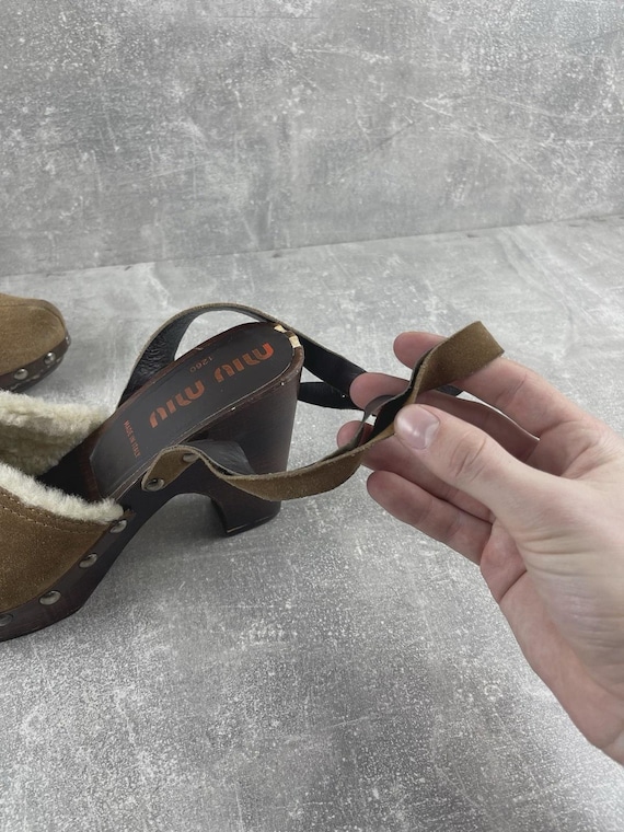 Miu Miu Archive Brown Suede Shearling Wooden Platform… - Gem