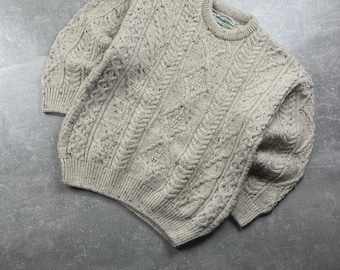 Aran Crafts Zopfmuster Wolle Pullover Beige Made in Irland Größe M 1990er Jahre