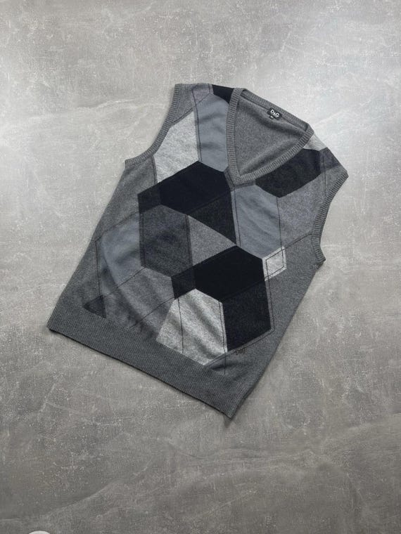 Dolce & Gabbana, Dolce & Gabbana Vintage 00s Geometric Wool Knit Vest Gray Sz XXL Made in Italy