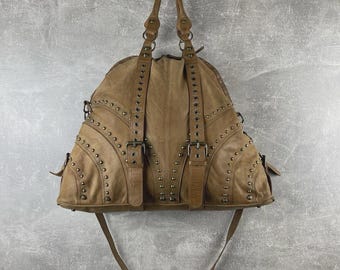 Longobardi Vintage Studded Leather Tote Duffel Bag Tan Brown Made in Italy