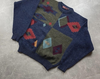 Vintage Ben Sherman zuivere scheerwol geometrisch gebreide trui veelkleurig maat 3