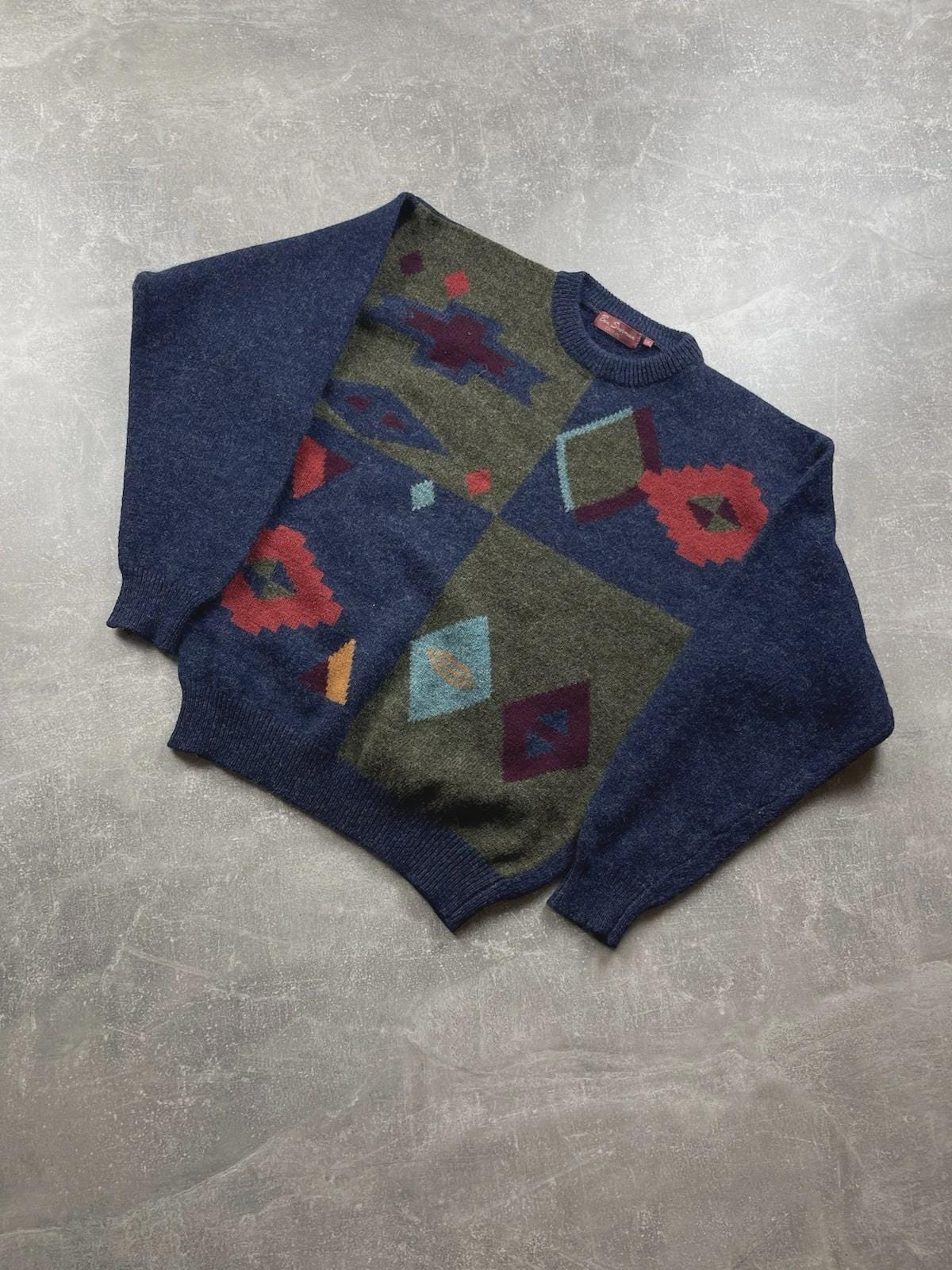 Ben Sherman, Vintage Ben Sherman Pure New Wool Geometric Knit Sweater Multicolor Size 3