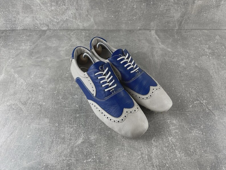 May include: Pair of two-tone leather shoes. The shoes are light grey with blue detailing on the toe and heel. White laces and decorative perforations add detail. The shoes are designed with a classic wingtip style.