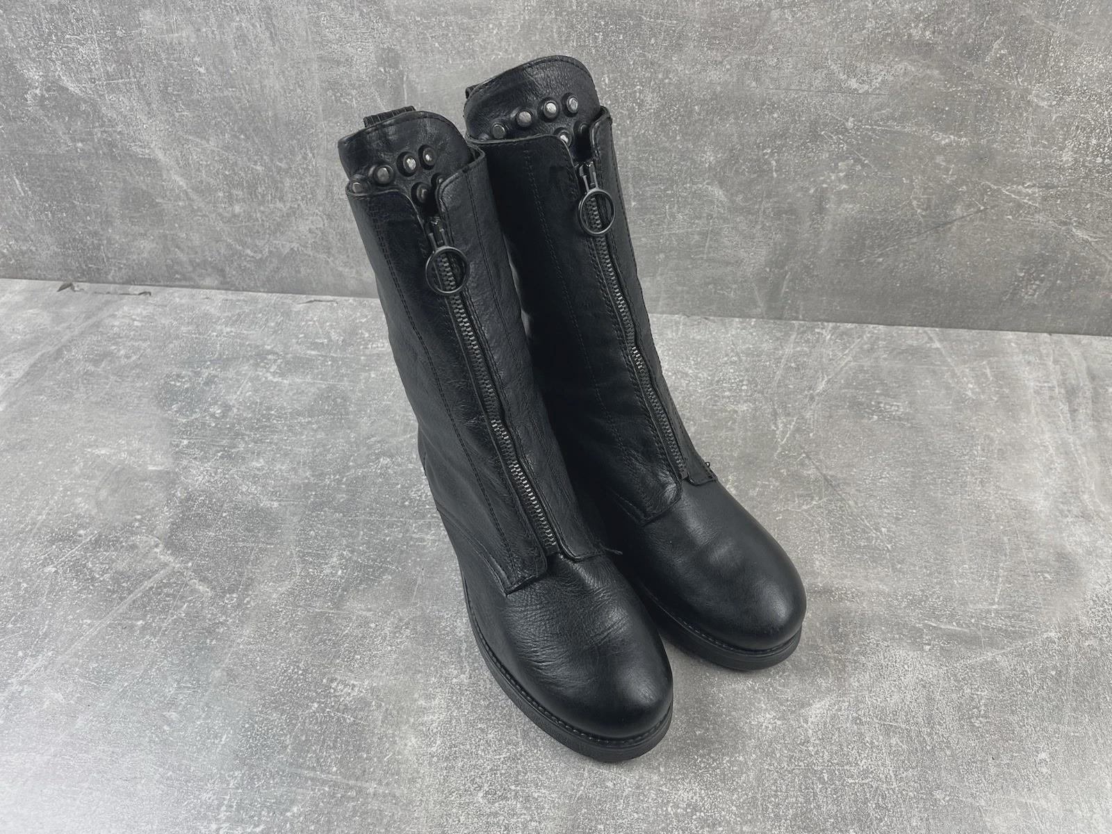 Vintage Black Leather Studded Zipper Boots | Punk Goth Y2K Mid 