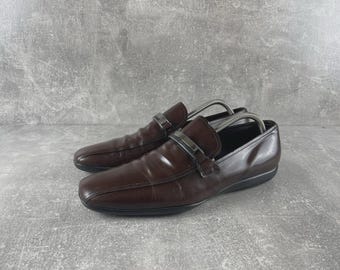 Prada Archives 00s Leather Loafers Dark Brown Metal Bit Sz 9.5 (4D) Made in IT