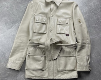 Veste militaire Belstaff en cuir crème vintage des années 2000 avec ceinture taille 44