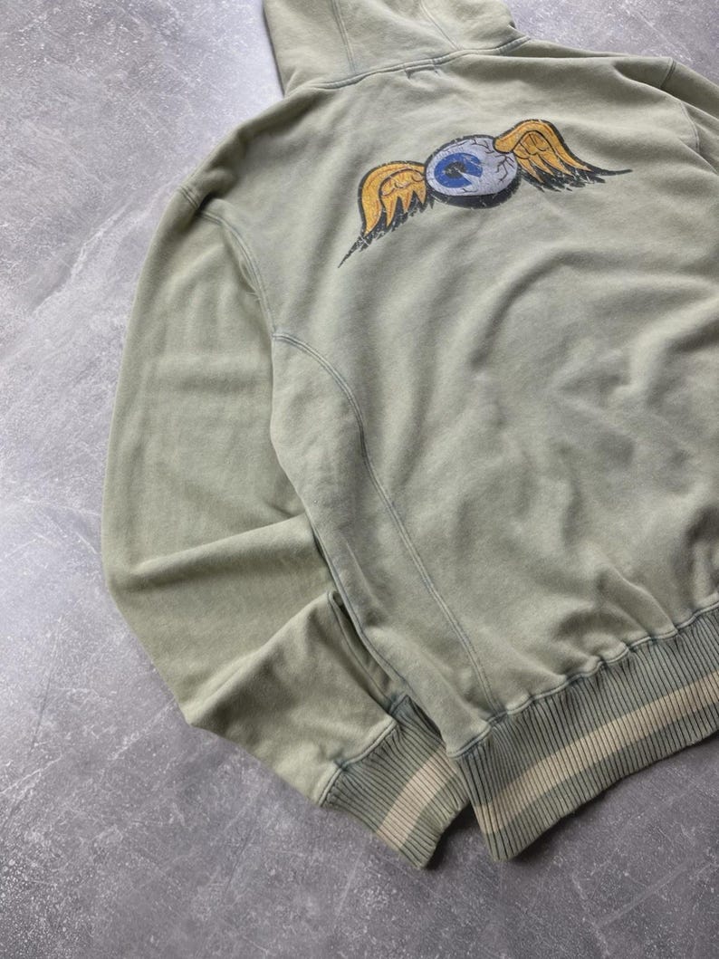 May include: Sage green hoodie featuring a winged eye graphic on the back. The hoodie has a drawstring hood, ribbed cuffs, and a striped hem. The graphic shows yellow wings and a blue and white eye.