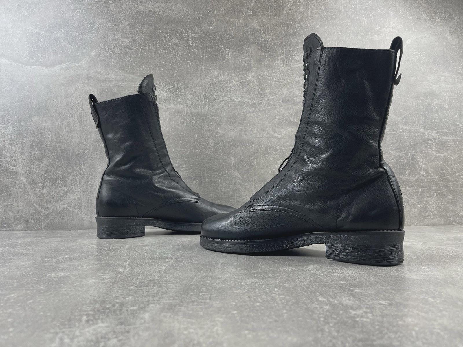 Vintage Black Leather Studded Zipper Boots | Punk Goth Y2K Mid 