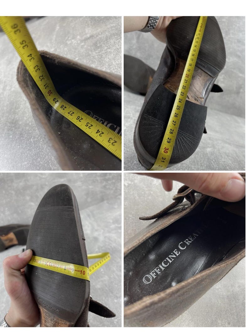 May include: Brown leather shoes with a buckle closure. The shoes are being measured with a yellow measuring tape. The sole of the shoe is dark brown. The interior of the shoe has the text "OFFICINE CREATE".