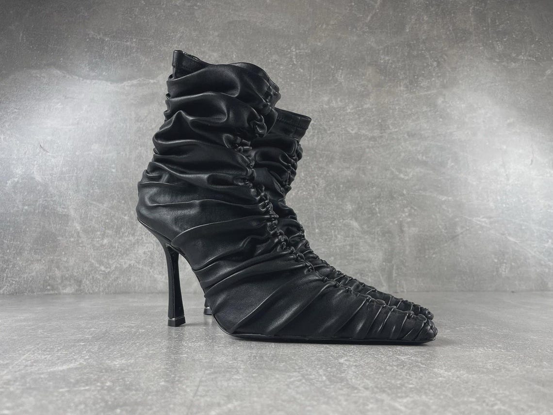 Alexander Wang Ruched Leather High Heel Ankle Boots Black Size 37 Made in Italy, photo 3 sur 5
