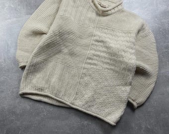 Hessnatur 100% Virgin Wool Chunky Textured Knit Sweater Cream Sz M Made Ireland