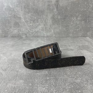 Vintage Black Puma Steerhide Genuine Leather PEACE Brass Buckle Belt Size Medium Genuine Vintage Retro Circle Studded Leather Belt  main image 3