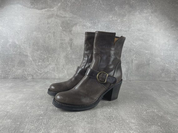 Fiorentini + Baker Avant Garde Leather Buckle Ankle Italy Boots Brown Sz EU 37 2000s
