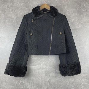 Versus Gianni Versace Cropped Quilted Jacket Black Fur Trim Size 40