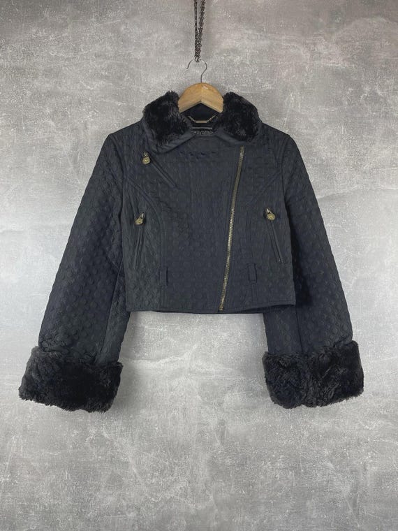 Versus Versace, Versus Gianni Versace Cropped Quilted Jacket Black Fur Trim Size 40