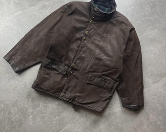 Vintage AN 2000 Paris Brown Leather Jacket Made in France Plaid Lined Moto 80s