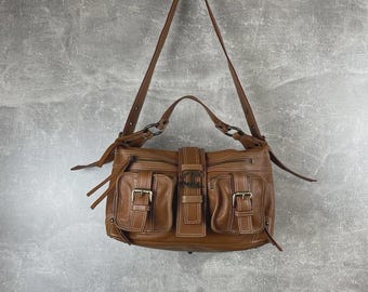 Just Cavalli Vintage Brown Leather Shoulder Italy Y2K Logo Buckle Utility Bag