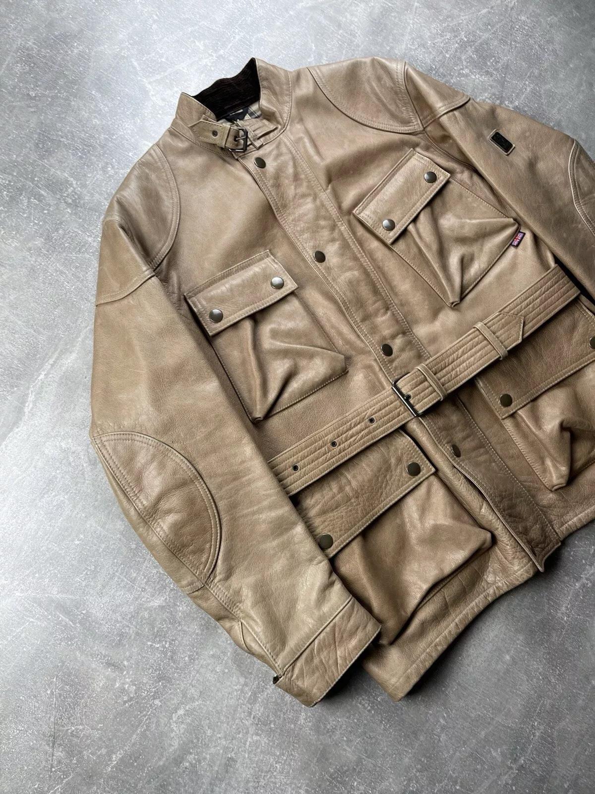 Belstaff Beige Leather Biker Jacket, Vintage Belted Moto Jacket