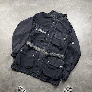 Belstaff Vintage Biker Belted Nylon Reflective Blue Jacket Size XL Made in Italy Classic British Style Retro Racing Jacket