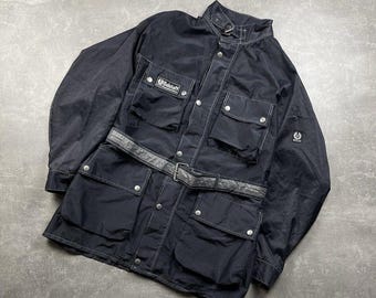 Chaqueta de motociclista vintage Belstaff de nailon azul reflectante con cinturón, talla XL, fabricada en Italia, chaqueta de carreras retro clásica de estilo británico.