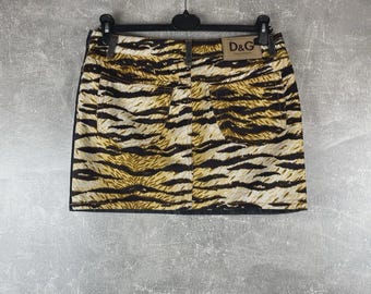 Vintage Dolce Gabbana Tiger Print Denim Mini Skirt Brown Black Size 44 Made IT