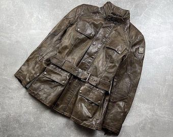 Blouson motard en cuir marron Belstaff Gold Label pour femme avec ceinture Taille 40 Fabriqué en Italie