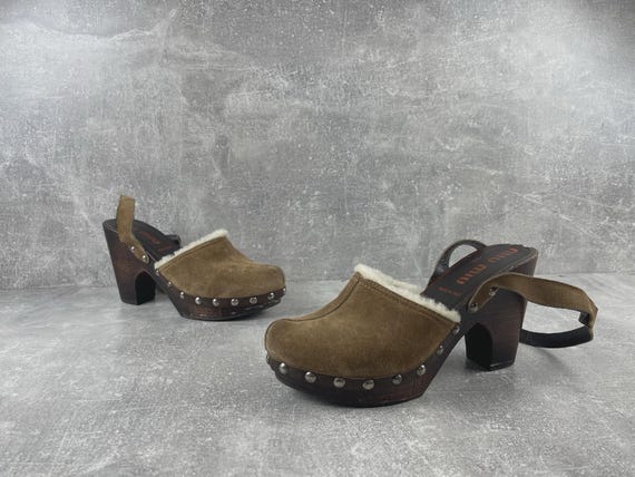 Miu Miu Archive Brown Suede Shearling Wooden Platform… - Gem