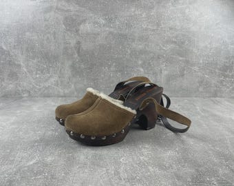 Miu Miu Archive Brown Suede Shearling Wooden Platform Clogs Sandals Made in IT