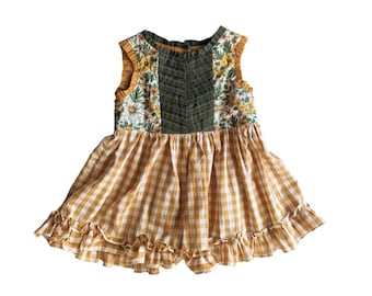 Girls Gingham Dress: Size 3 Floral Ruffle Skirt, Handmade Cotton
