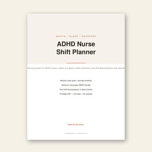 May include: A digital planner titled ADHD Nurse Shift Planner with sections for shifts, sleep, and recovery. It includes monthly roster grids, shift-day timelines, SBAR-friendly handover note pages, post-shift decompression, and sleep trackers.