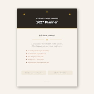 2027 Planner Printable | Dated Full Year Planner | 53 Weekly Pages, Monthly Calendars, Goals + Reviews | Letter + A4