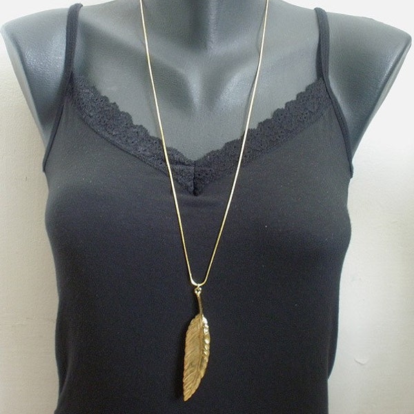 Gold plated Long Feather leaf charm Pendant Necklace