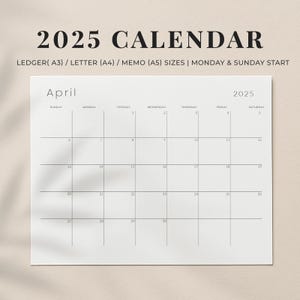 2025 Printable Calendar Minimalist Monthly Planner | Simple Clean Design | Ledger(A3)/Letter(A4)/Memo(A5)| Monday & Sunday Start