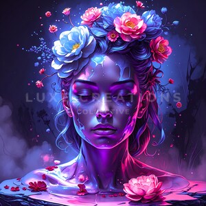 Ethereal Floral Goddess Digital Art: Fantasy Portrait for Sublimation, Printable Wall Decor, PNG & JPG