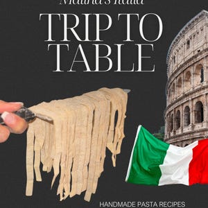 May include: Image of a cookbook cover titled "Malina's Italia: Trip to Table." The cover features fresh pasta, the Colosseum, and the Italian flag. The text reads "Handmade Pasta Recipes Inspired by Her Travels."