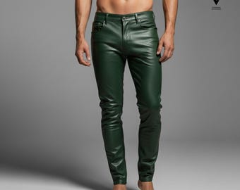 Men Custom Made Genuine Green Leather Pants