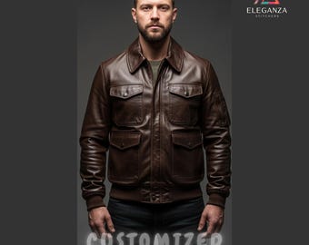 Men's Handmade Customized Genuine Brown Leather Bomber Jacket