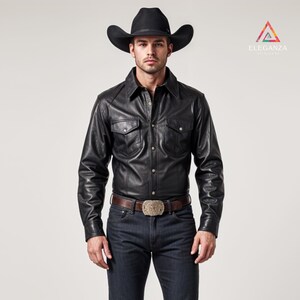 Men Custom Made Genuine Black Leather Full Sleeves Shirt Black
