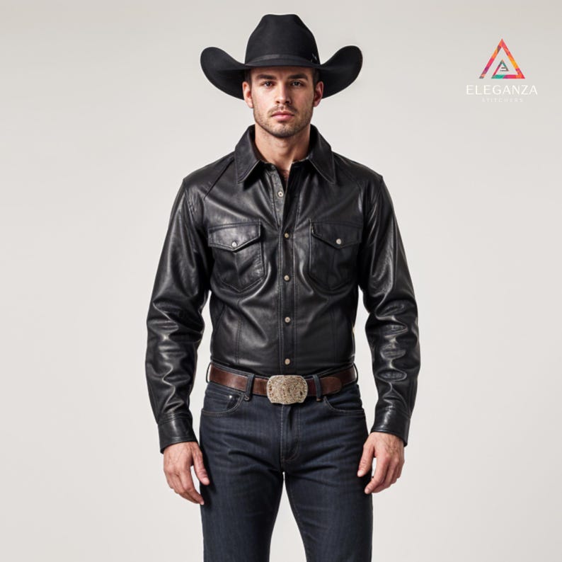 Men Custom Made Genuine Black Leather Full Sleeves Shirt Black
