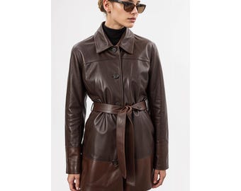 Women Handmade Customized Genuine Brown Leather Coat