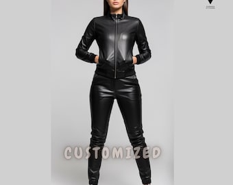 Woman's Handmade Customized Genuine Black Leather Track Suit