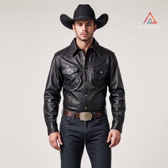 Men Custom Made Genuine Black Leather Full Sleeves Shirt