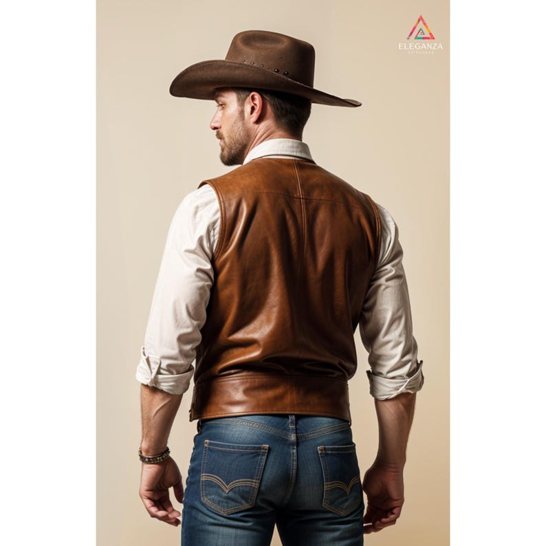 Men Handmade Customized Genuine Brown Leather Cow Boy Rodeo Vest image 4