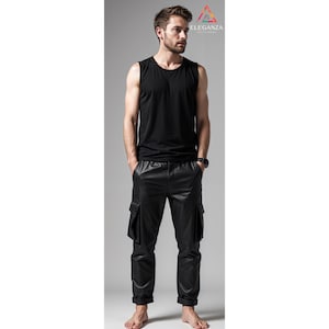 Men’s Handmade Customized Pure Black Leather Cargo Pants / Trousers