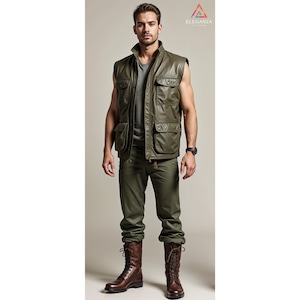 Veste en cuir sans manches vert olive personnalisée faite main pour hommes