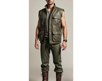 Giacca gilet senza maniche in vera pelle verde oliva personalizzata fatta a mano da uomo