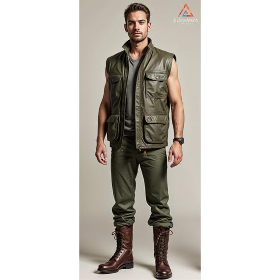 Men Handmade Customized Genuine Olive Green Sleeveless Leather Jacket Vest