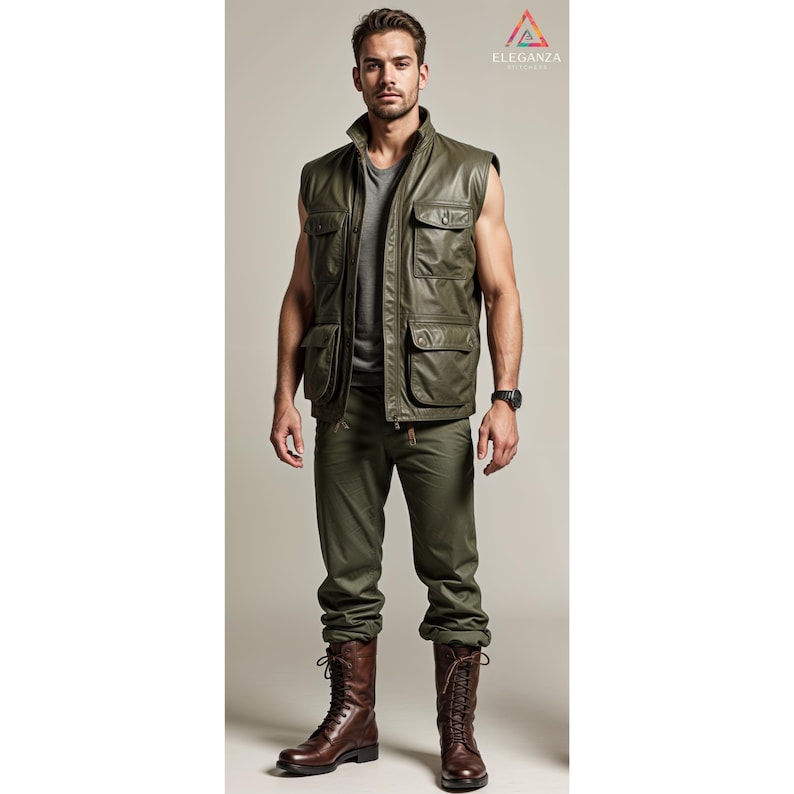 May include: A green leather vest with multiple pockets and a zip closure. The vest is worn over a grey t-shirt and paired with green trousers and brown leather boots.