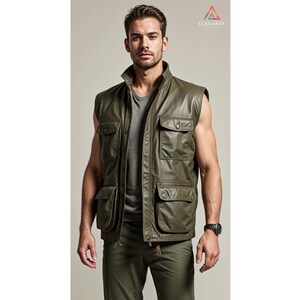May include: A green leather vest with multiple pockets and a button closure. The vest has a stand-up collar and is sleeveless.